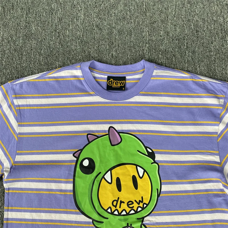 Drew House Striped Dinosaur Smiley Print T-shirt Men Oversized Casual Streetwear Cotton Short Sleeve Tee