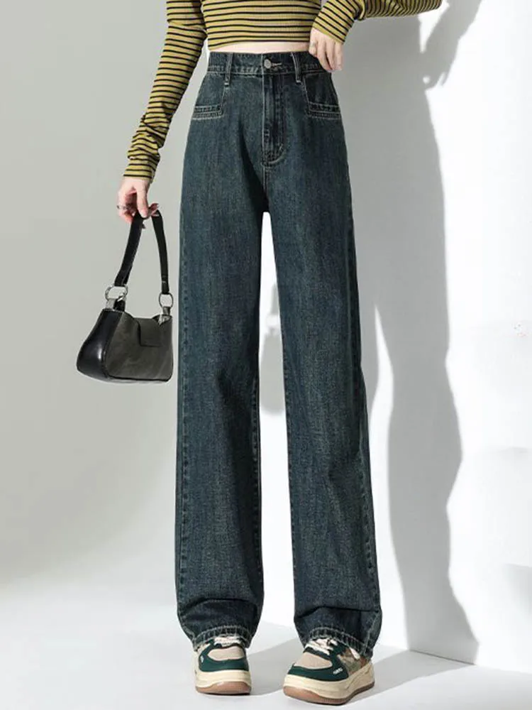 Vintage Grube Proste Jeansy Zimowe Ciepłe Elastyczne Spodnie Denimowe z Wysokim Stanem Koreańska Moda Casualowe Spodnie z Aksamitną Podszewką Luźne Vaqueros Nowe