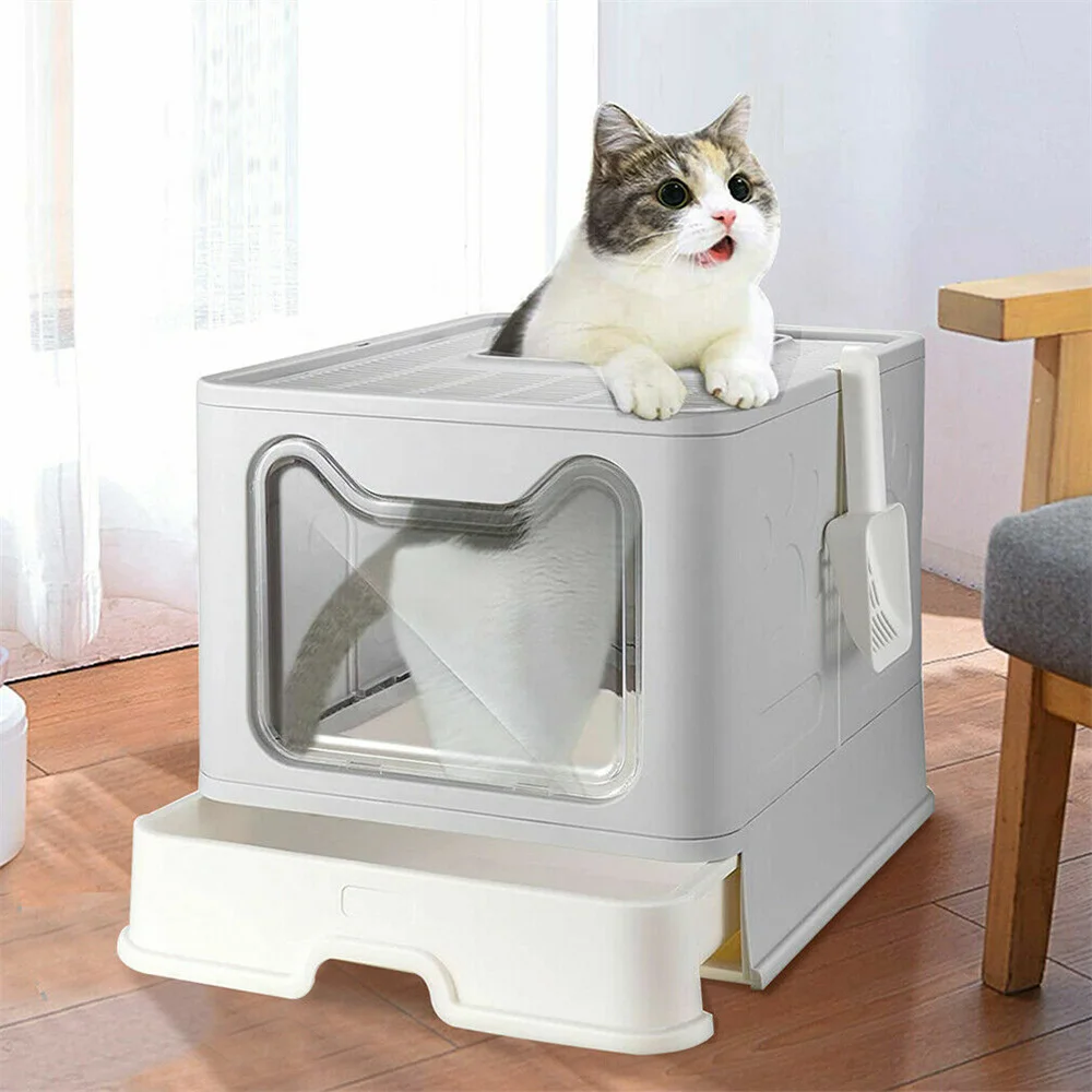 Large Cat Litter Box with Lid Covered Top Entry Front Door Cat Litter Tray Foldable Kitty Litter Box Litter Scoop Drawer Type