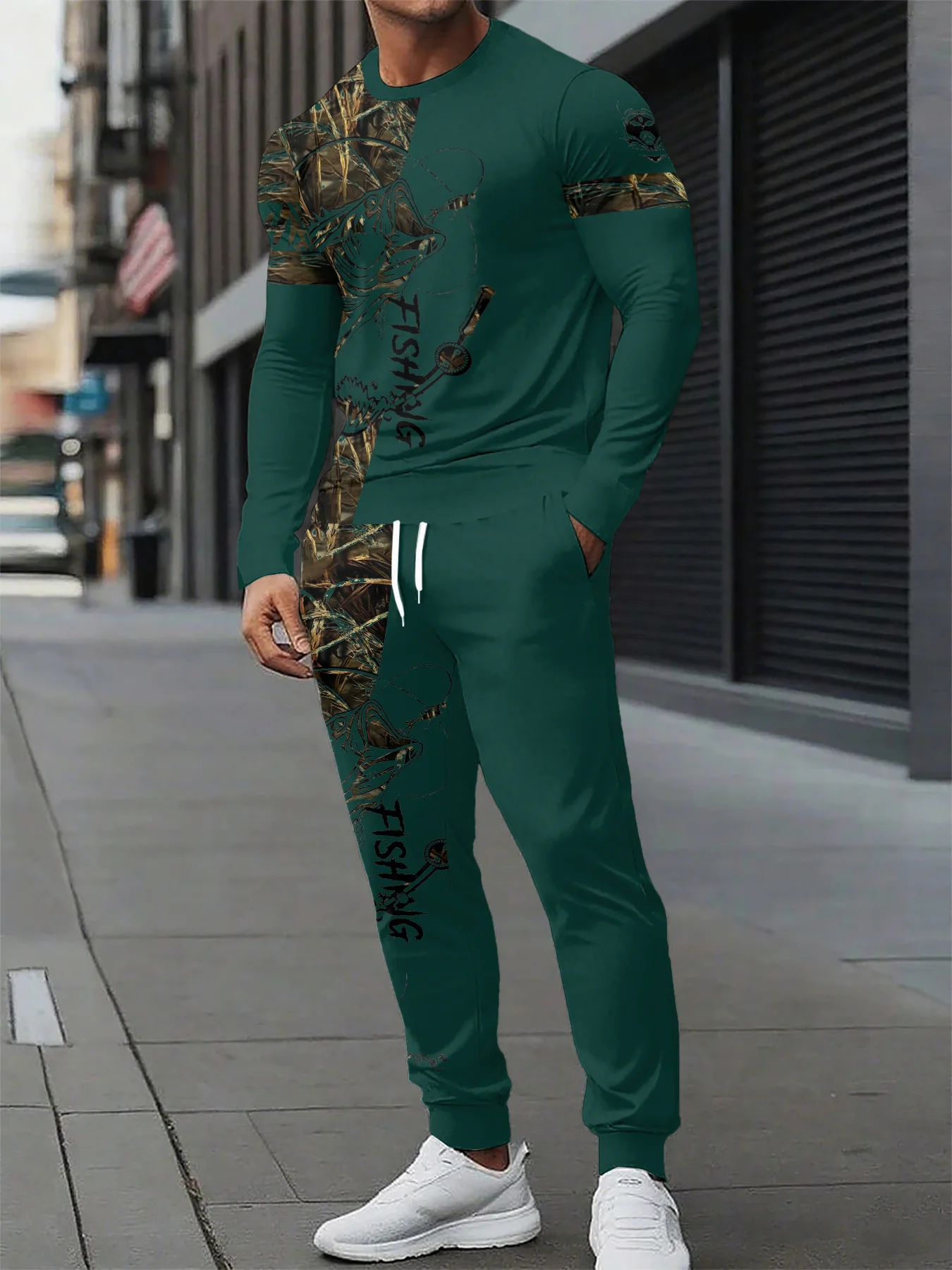 Autumn and Winter Men Long Sleeved Sets Fishing Print Men Clothing Tracksuit Set Quick Drying Comfortable Male Jogging 2Pcs Sets