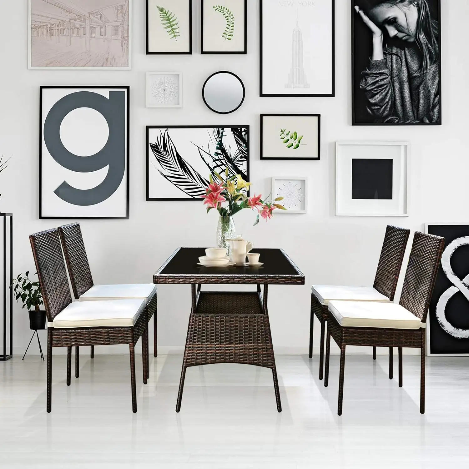 5PCS Patio Rattan Wicker Conversation Set,Outdoor Dining Table & Chairs w/Tempered Glass Table Top & Padded Cushions for Balcony