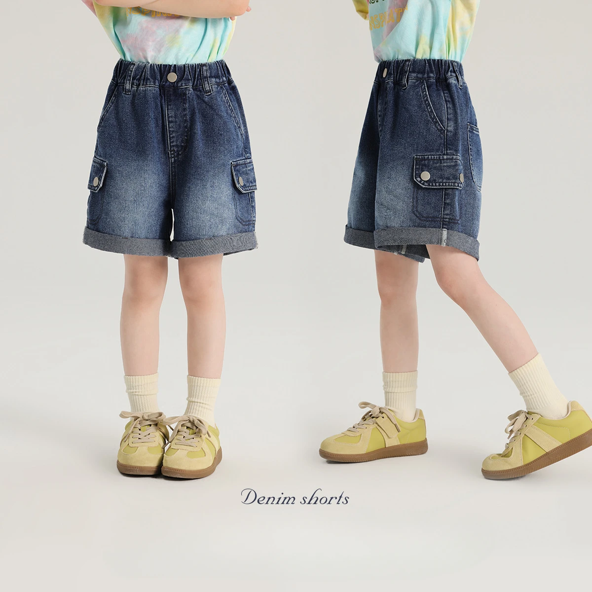 

Girl Short Jean Summer Stretch Denim Shorts Kids Fresh Breathable Cargo Shorts Rolled Hem Design Wash Jeans Shorts Pant