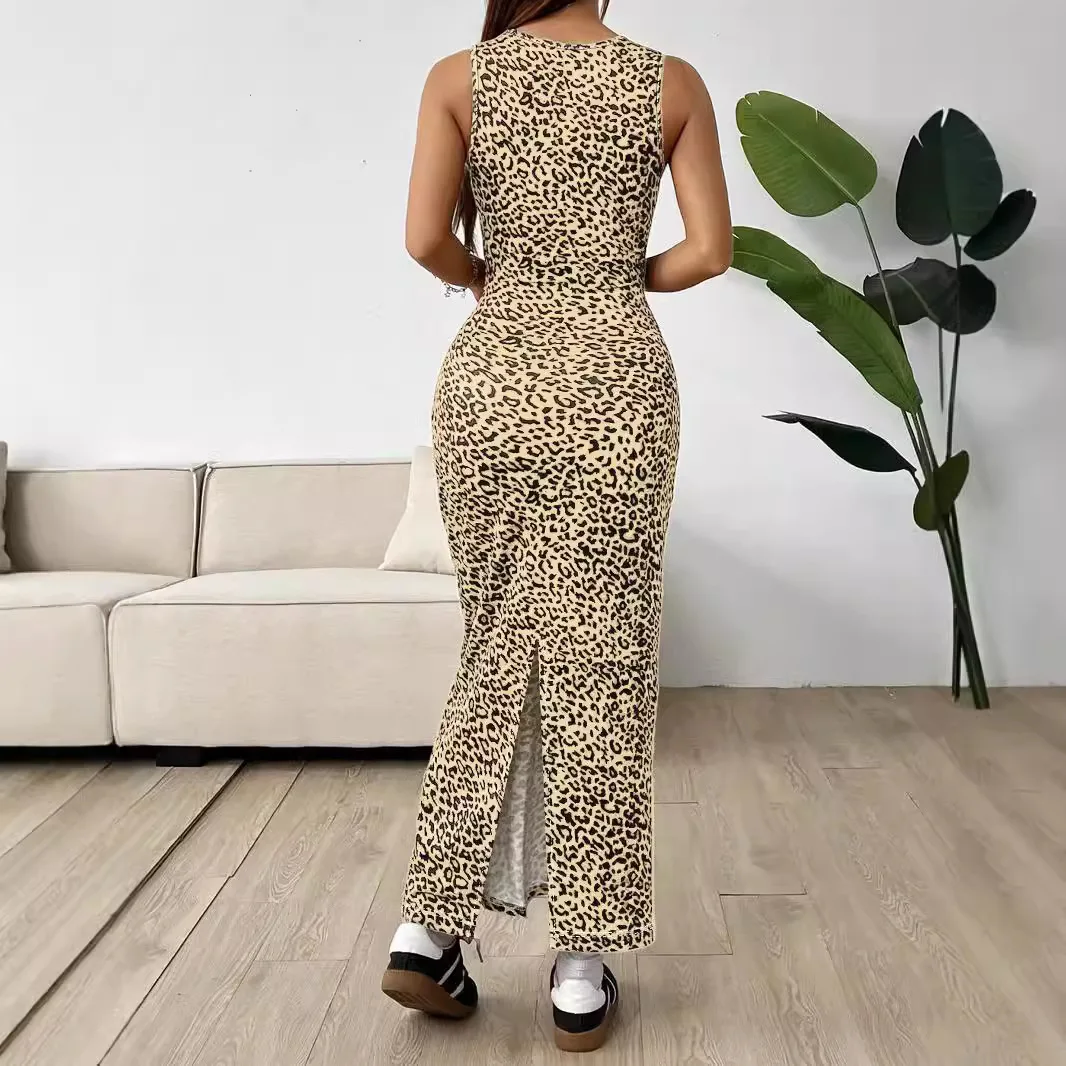 夏の新作ファッション、ヨーロッパスタイルのレディース長袖ラウンドネック、レオパード柄ニットノースリーブ、スリムフィットドレス