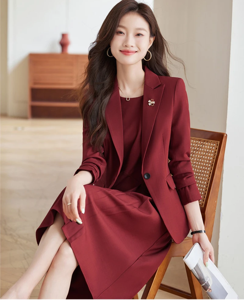 Office Suit Women Blazer + Midi Sleeve Suit Dress Set Elegant 2-piece Fall Winter New High-quality Executive Lady Workwear Suit