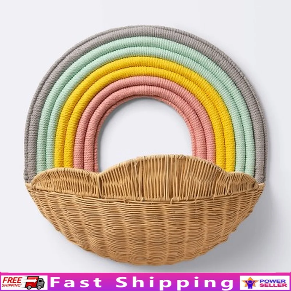 

Hanging Rainbow Storage Basket Wall Organizer Rattan Fabric Toy Holder Space Saving Kids Room Decor Charming Accents