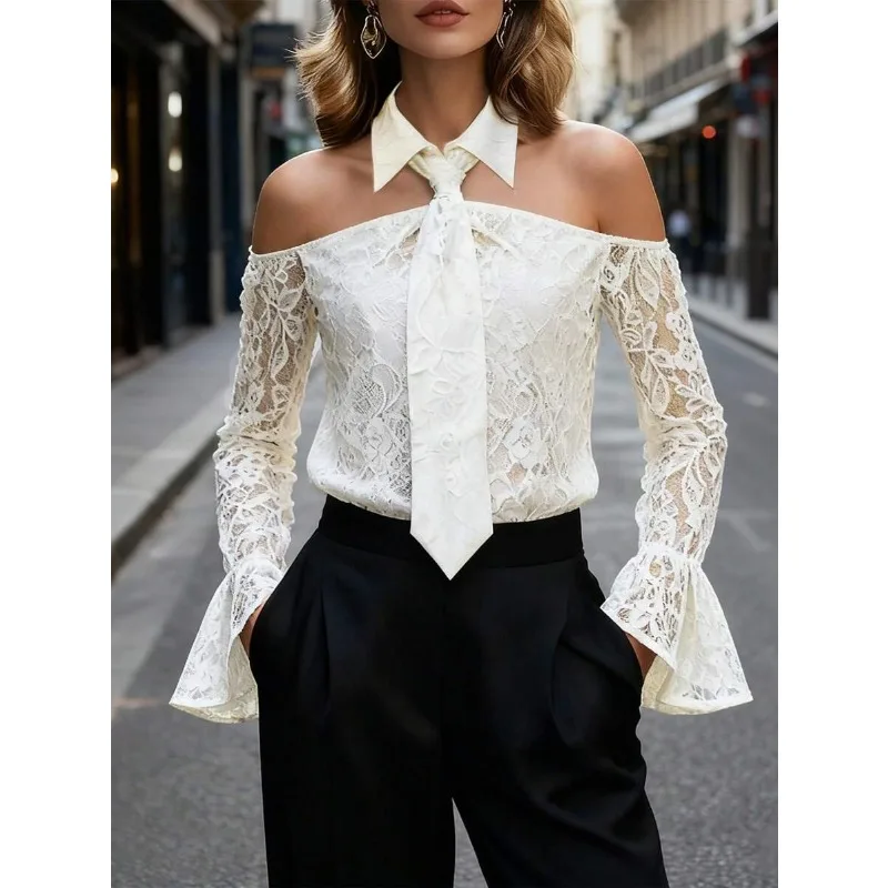 

Женская белая кружевная блузка с открытыми плечами, завязками на шее и расклешенными длинными рукавами, элегантный топ для вечеринок