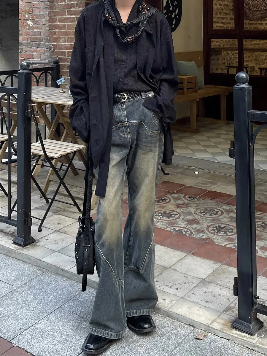 Retro American Classic Waed out Jeans Men Women Micro Flared Long Trousers Splicing Design Nostaic Vintage Sle Jeans