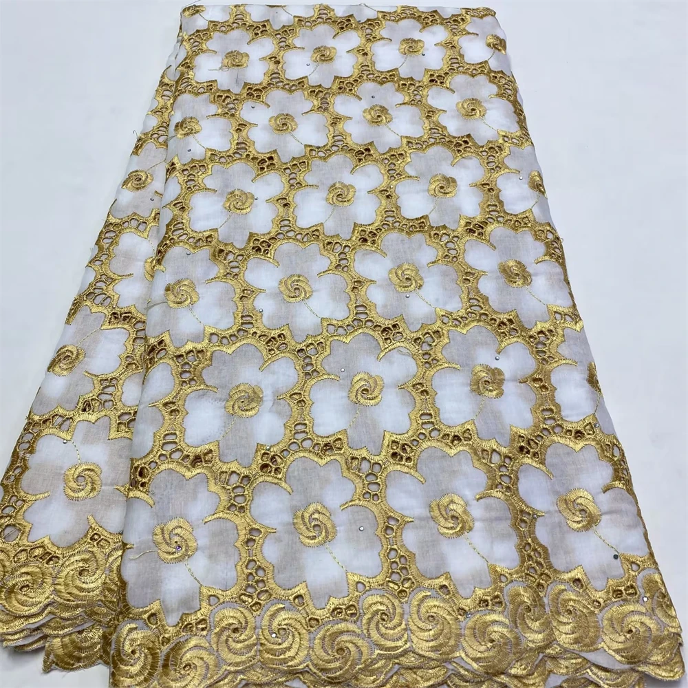 

African Lace Fabric Embroidered Swiss Voile Lace Cotton Fabrics For Women Dress Hollow Hole Design White And Gold Color
