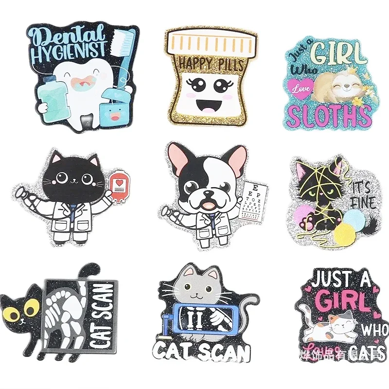 Glitter Acrylic Dog Cat Doctor Dentist Pills Cans Charms Flat Back Epoxy Pedant Fit DIY ID Card Badge Holder Jewelry Making