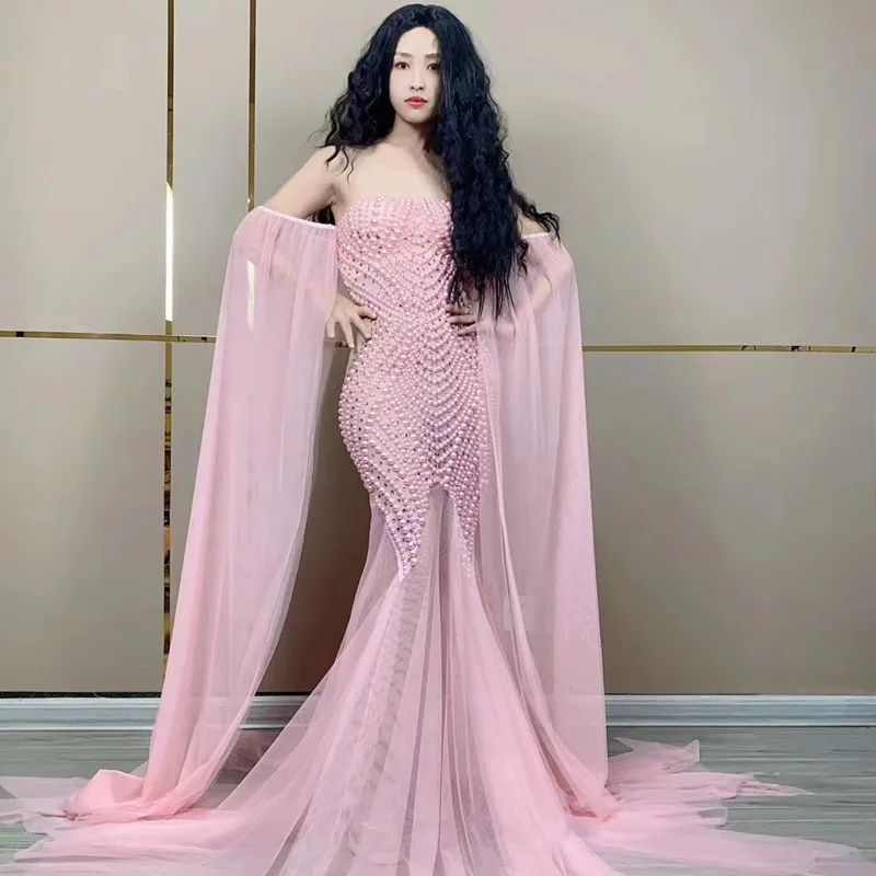 Sexy Stage Pink Mesh Pearl Trailing Dress Women Dance Costume Birthday Party Strapless Long Dress Singer Performance Photo Shoot