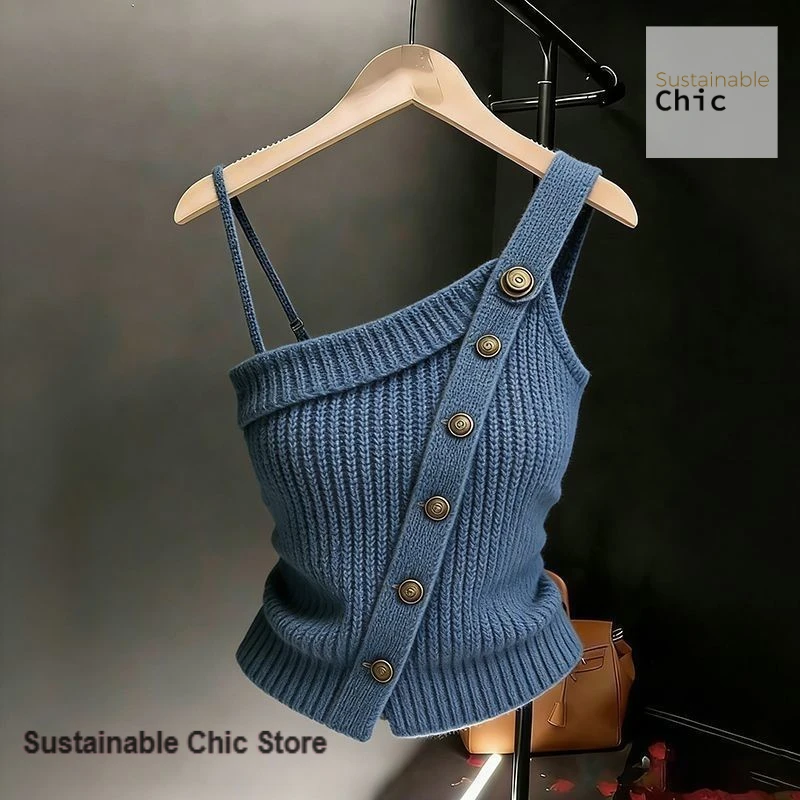 

Korean sloping shoulder vest Small knitted suspender women's new spring and summer wear slim new beautiful spice sleeveless top