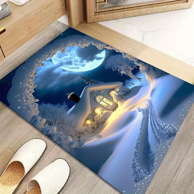1pc Winter Christmas Scene Rug, Snowy House, Moon & Snowflake Night Pattern, Soft Machine Washable Polyester Mat
