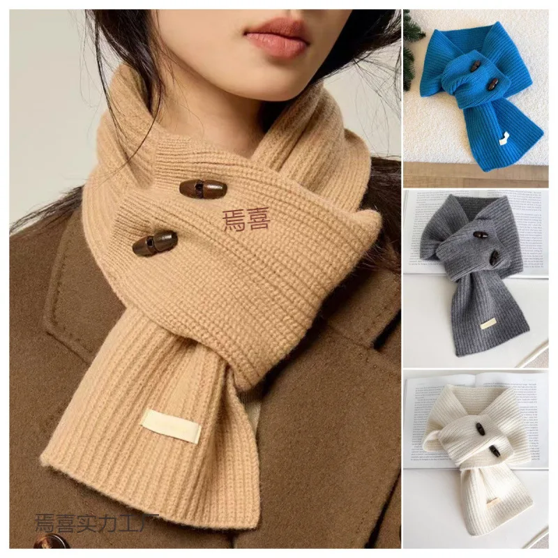 

Women's Winter Knit Button Collar Scarf Wrap Faux Neck Warmer Korean Style Cross Knot Versatile Necklace Scarf