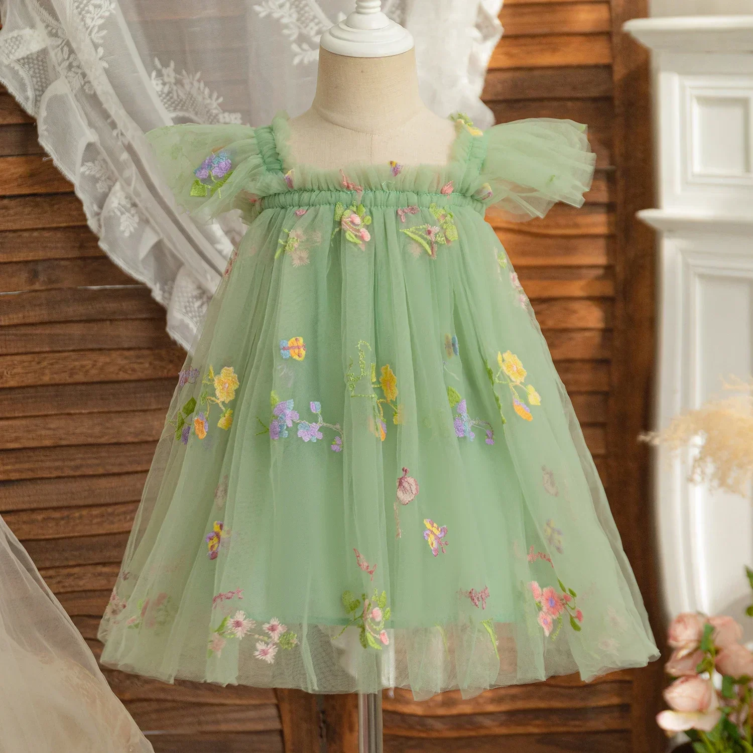 New Baby Girls Birthday Party Evening Dresses Back Butterfly Wings Children Clothes Sweet Floral Embroidery Toddler Kids Costume