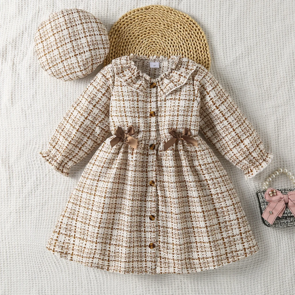 

4-7 Year Girl Autumn Khaki Plaid Dress Set Long Sleeved Dress+Matching Hat British Style Princess Dress Children Fashion Outfit