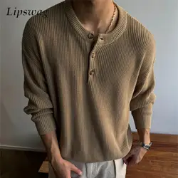 Streetwear Mode Heren Truien Lange Mouw Dichtgeknoopt Henley Kraag Gebreide Tops Voor Mannen 2025, Lente Trendy Slanke Gebreide Truien