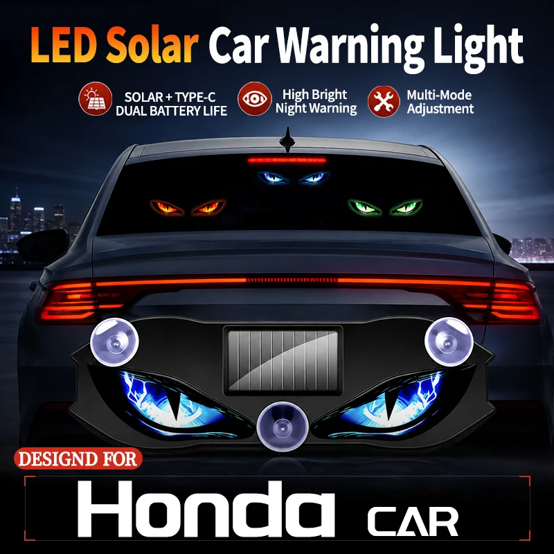 Fits For Honda Car Mounted LED Devil Eye Blinking Light Vibration Sensor Wireless Dynamic Anti Rear End Collision Solar Warning