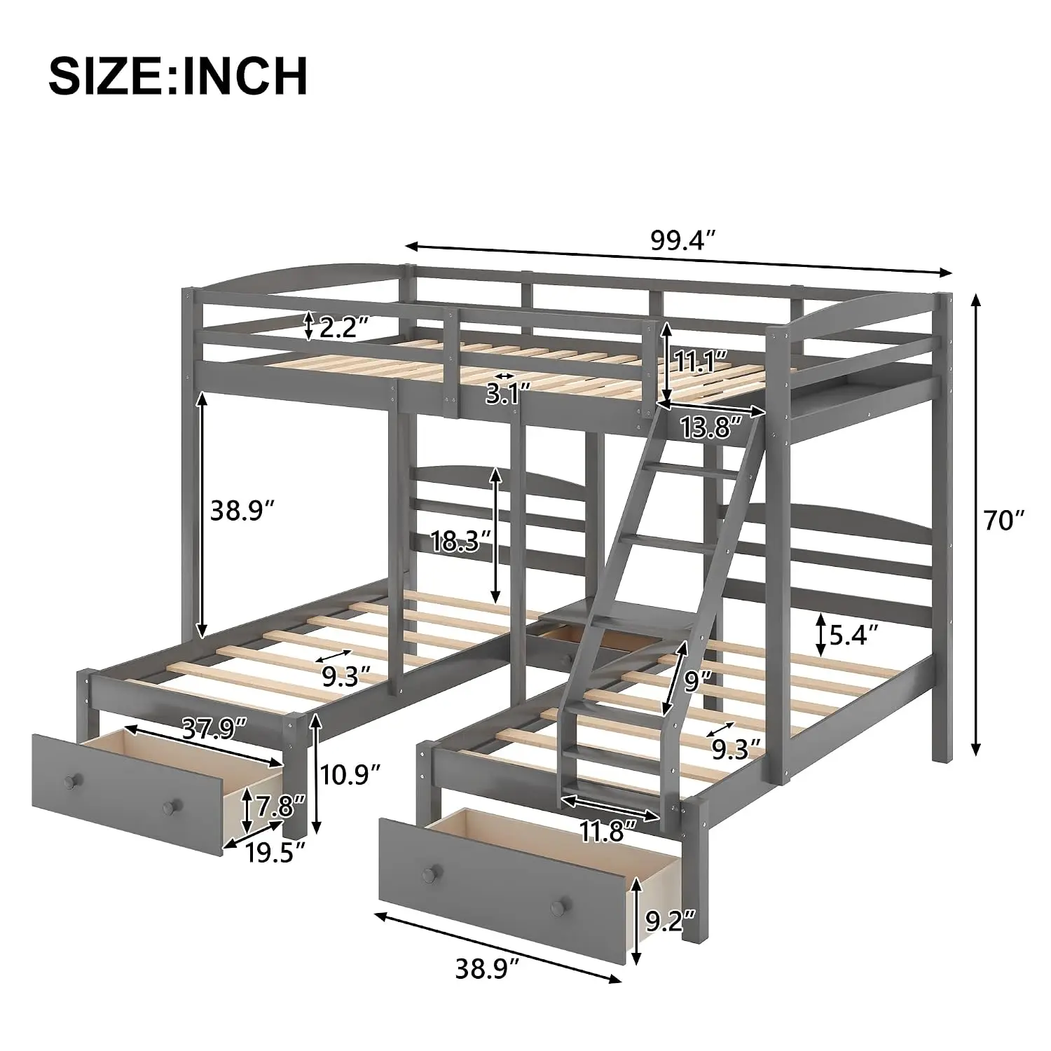 Full Over Twin Triple Bunk Bed with 3 Drawers & Guardrails for Kids Teens Adults No Box Spring Needed, Customized
