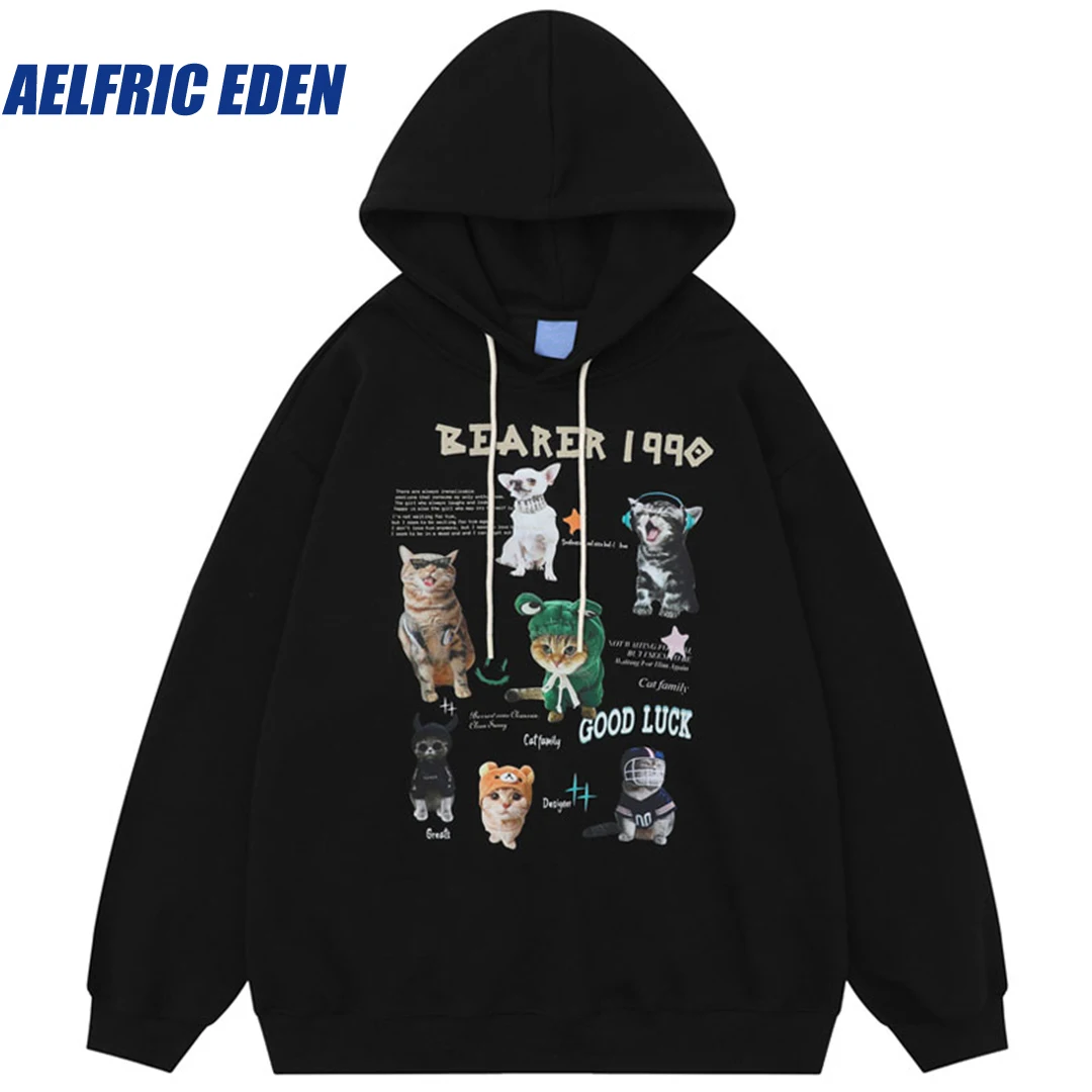 

Aelfric Eden Funny Kawaii Cat Graphic Print Hoodie Streetwear Hip Hop Harajuku Cat Hooed Sweatshirt Y2K Loose Pullover Hoodies