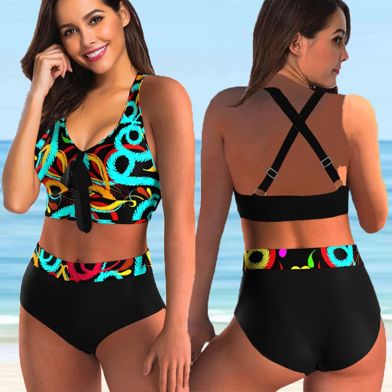 Conjunto de Bikini de dos piezas para mujer, de cintura alta Bañador estampado, ropa de playa de talla grande, 5XL traje de baño, novedad de 2022