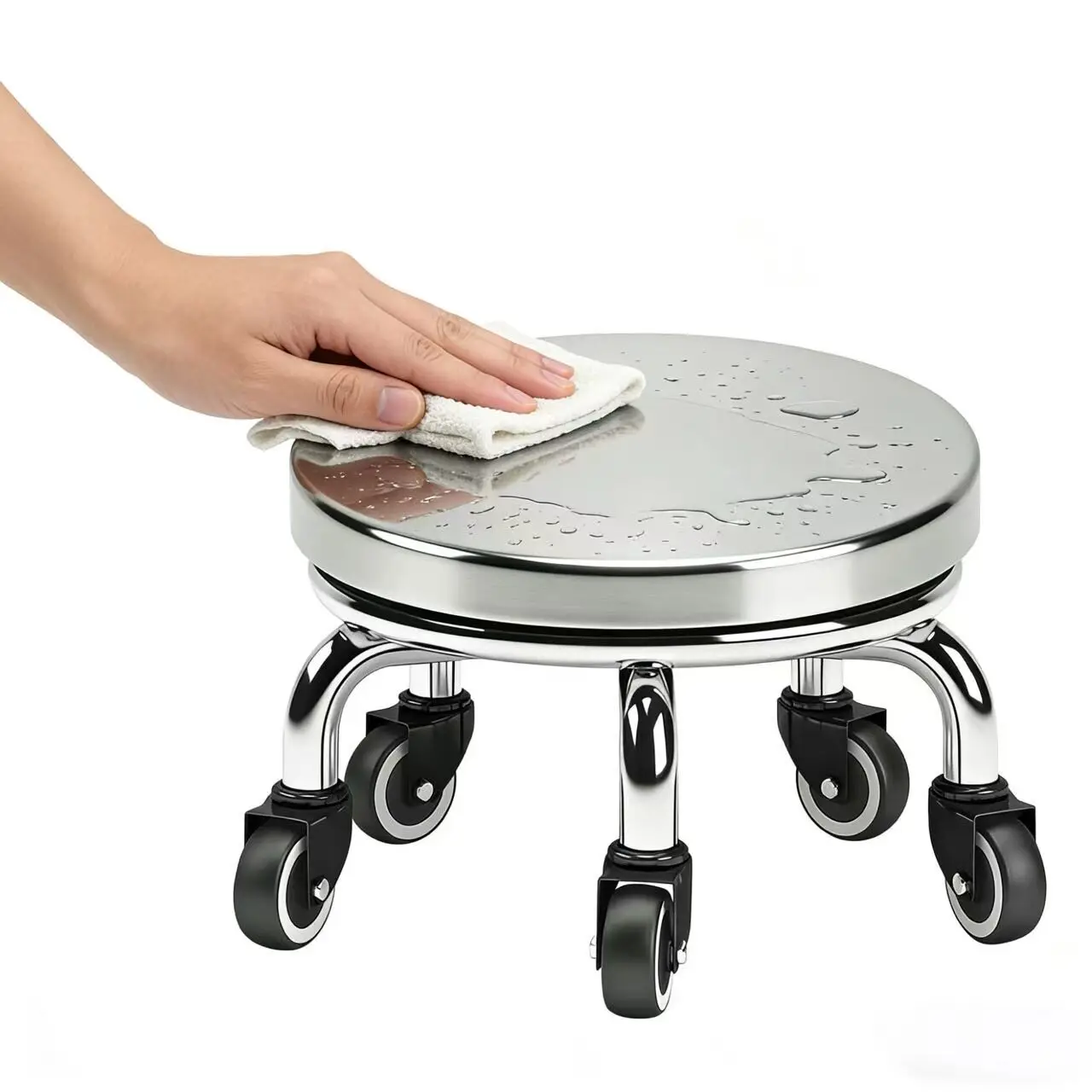 Thickened Stainless Steel Low Stool with Universal Wheels, Heavy-Duty Rolling Seat for Home Chores & Package Opening