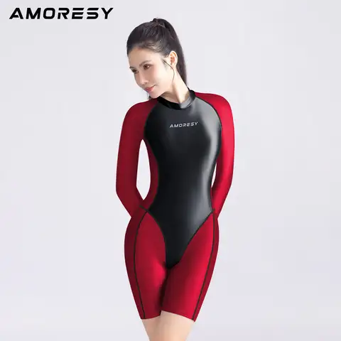 AMORESY Satin glossy bodysuit Long sleeved five quarter pants sports bodysuit color blocked bodysuit back zipper swimsuit