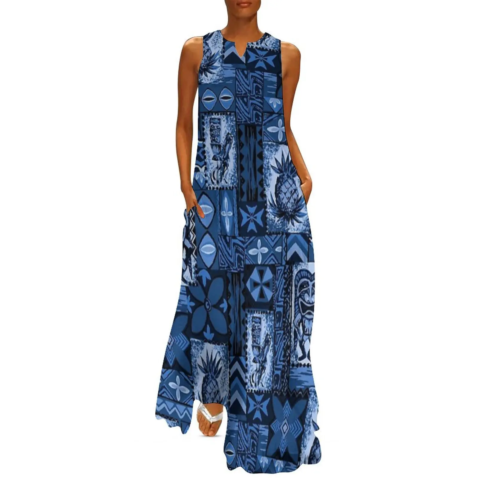

Pomaika’i Tiki Hawaiian Vintage Tapa - Indigo Blue Long Dress Women dresses summer chic and elegant woman dress women clothes