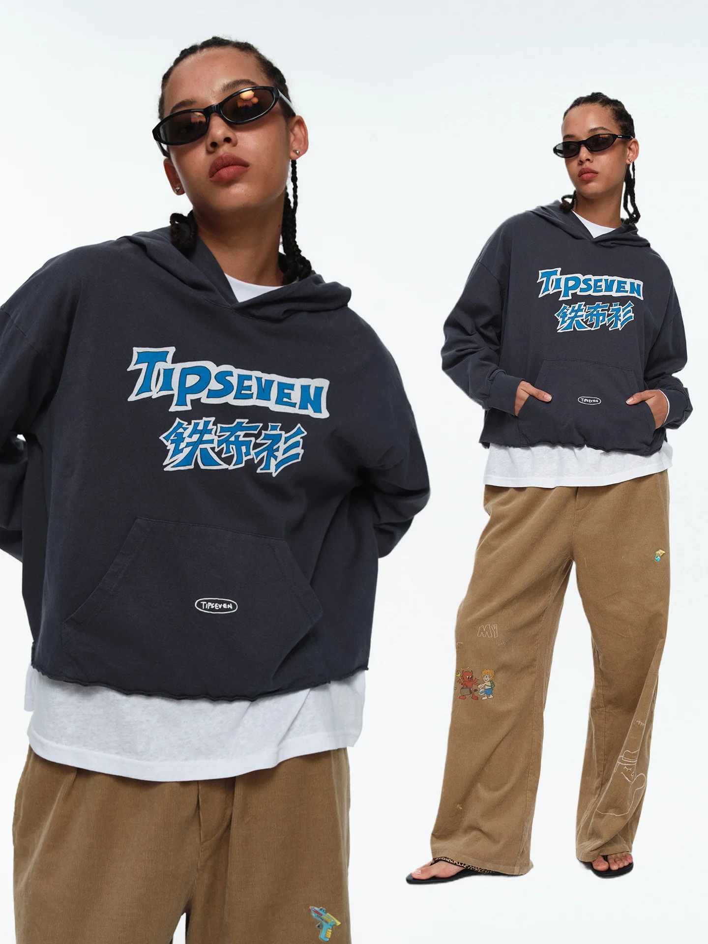 TIPSEVEN Original Design Loose Fit Washed Iron Cloth Hoodie Women's Overhead Sweatshirt Breathable Cotton Long Sleeve Printed