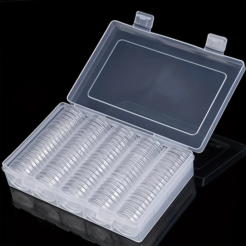 100 unids/caja 27mm cápsulas para monedas, organizador de almacenamiento de plástico para suministros de colección de monedas, cápsulas redondas de plástico para monedas de tamaño 27mm