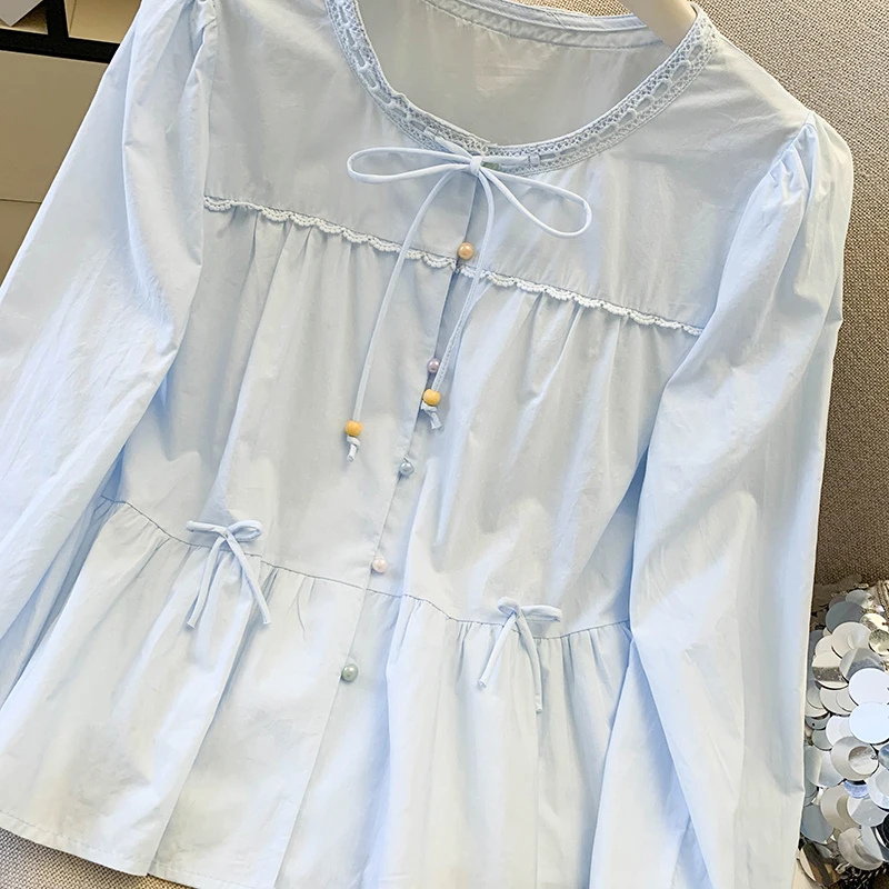 

Женская блузка Sweet Style с длинным рукавом, свободного кроя, с круглым вырезом, весна-лето, белая, с эффектом стройности, с дизайном «деревянные ушки»