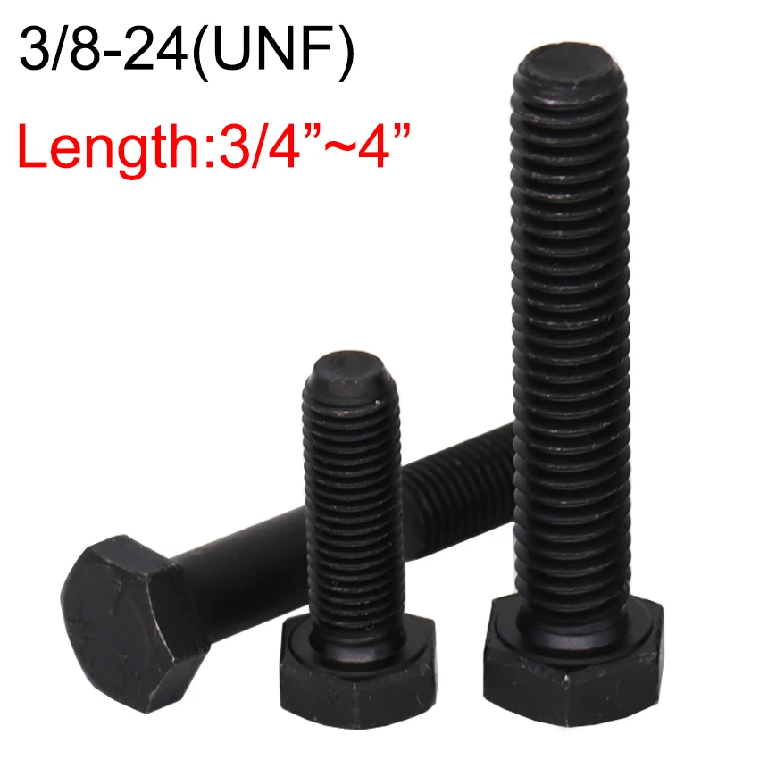 3/8-24 OD 3/4 1-1/4 2-1/2 4 Inch Black Steel UNF Unified National Fine Thread External Outside Hex Hexagon Head CAP Screw Bolt