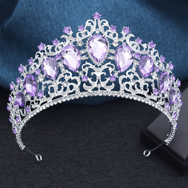 Princess Purple Crystal Crown for Brides Big Diadem Banquet Prom Birhtday Wedding Tiaras Bridal Hair Jewelry Accessories