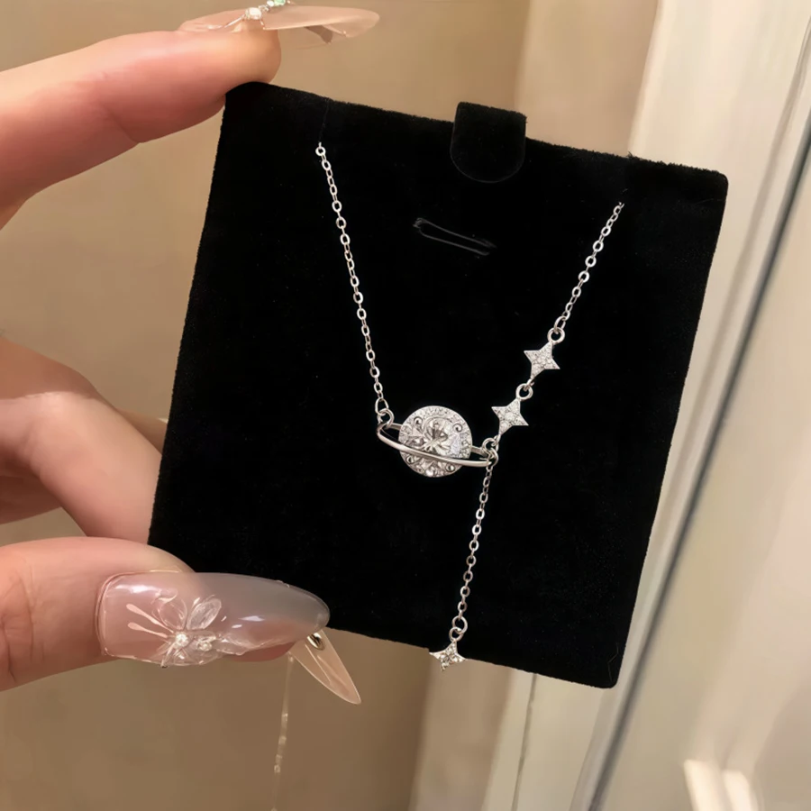New 925 Sterling Silver Planet Zircon Necklace Personality Charm Elegant Women Choker Birthday Party Gift Exquisite Jewelry