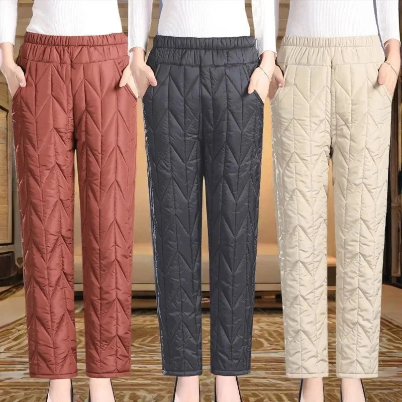 

Autumn Winter Down Cotton Trousers 2025 New Loose High Waist Straight Pants Pure Color Fashion Rhombic Plaid Female Trousers
