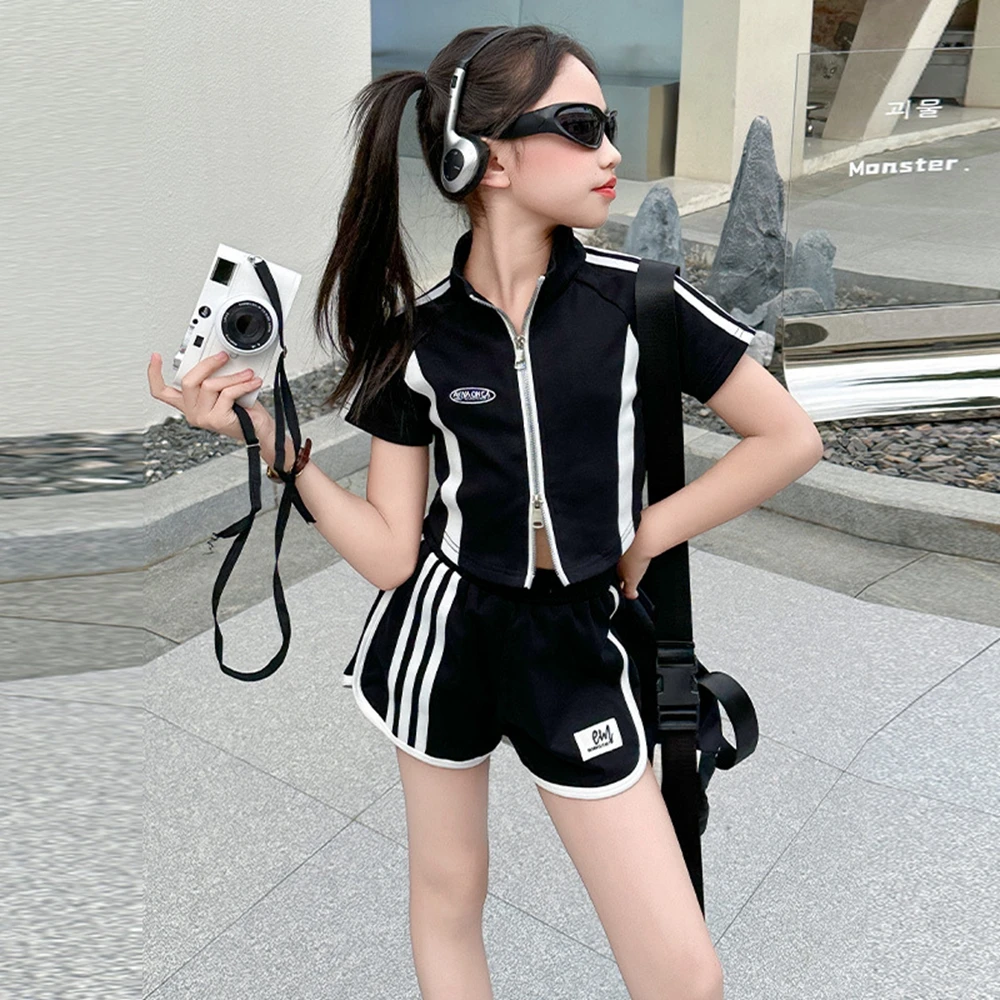 

Girls Shorts Set Summer Contrast Colors Patchwork Stripe Sports Kids Clothing Suit Casual Child's Short Sleeve Zip Shirt Outfits