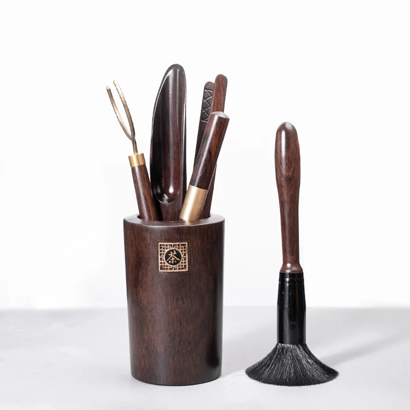 Black Sandalwood Six Gentlemen Tea Ceremony Accessories Tea Barrel  Holder Kung Fu Tea Tools Wood Tea Clip Knife Fork Brush Set