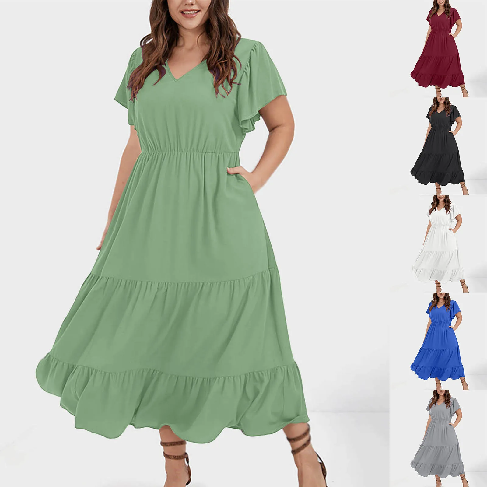Vestidos informales con volantes de verano, vestido de fiesta Floral con cuello en V y bolsillos, vestido de talla grande para mujer, Vestidos de manga corta de Color sólido