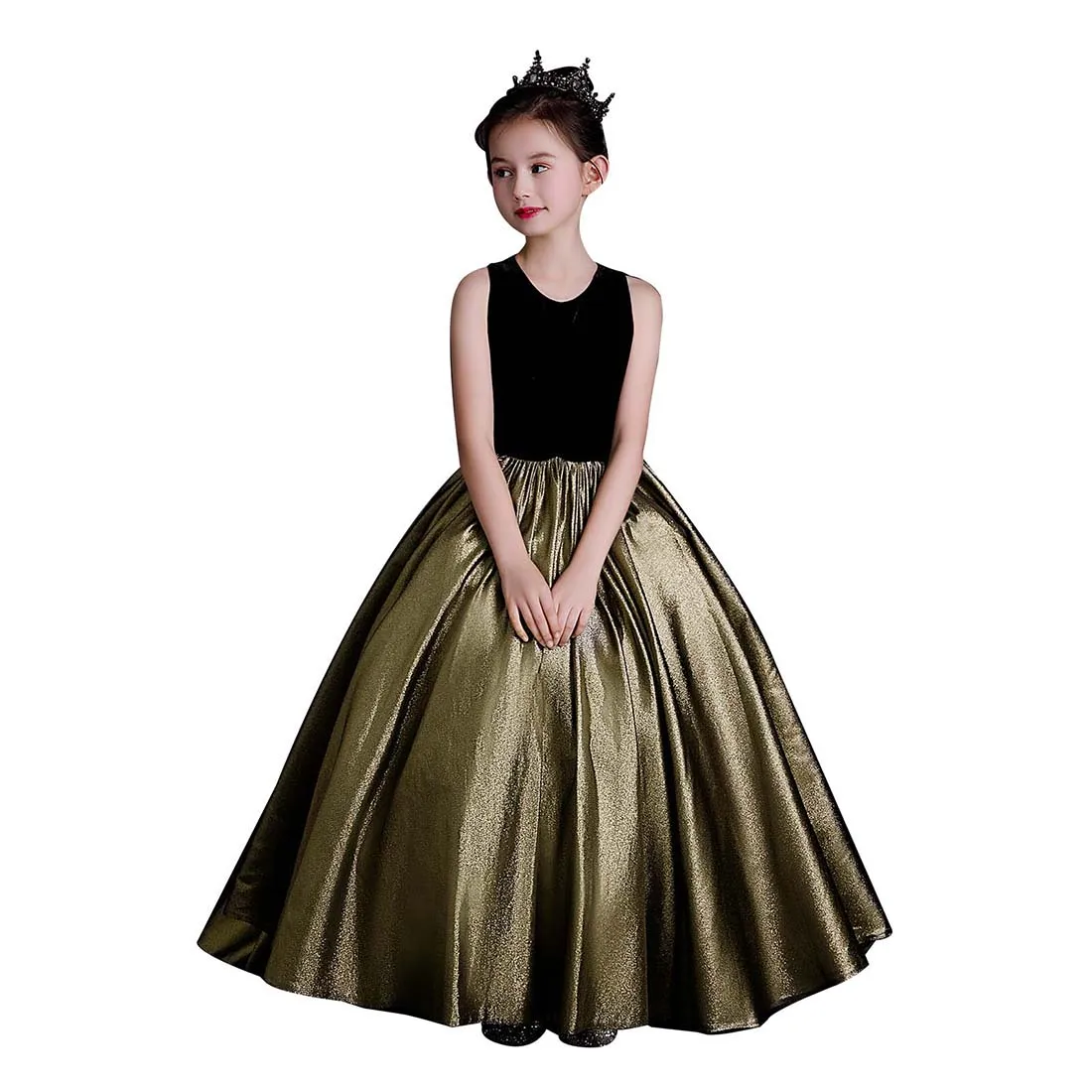 YZYmanualroom Junior Bridesmaid Dress Flower Girl Dress Sleeveless for Birthday Party Black and Gold 2-14T(8 Styles)