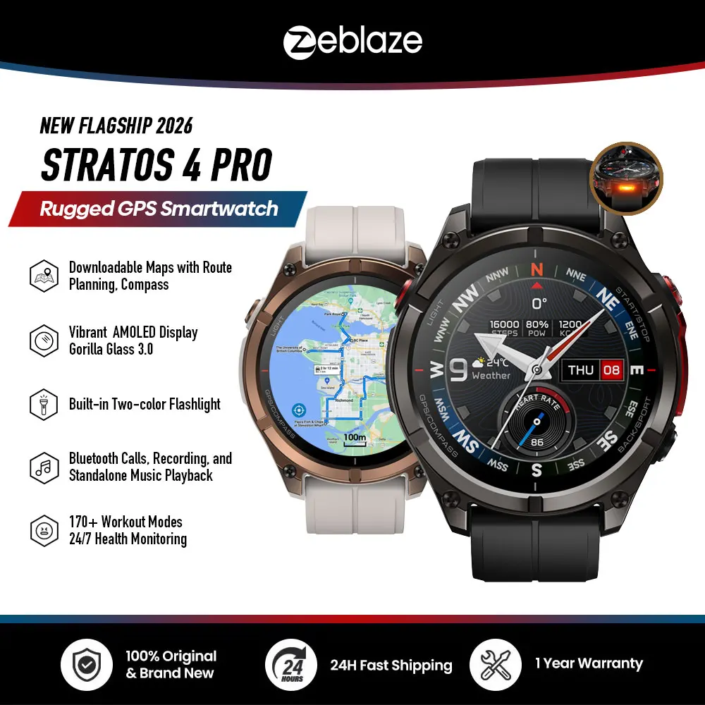 Novo Smartwatch Robusto Zeblaze Stratos 4 PRO 2026 com GPS, AMOLED, Download Gratuito de Mapas, Lanterna Bicolor e Armazenamento de Música