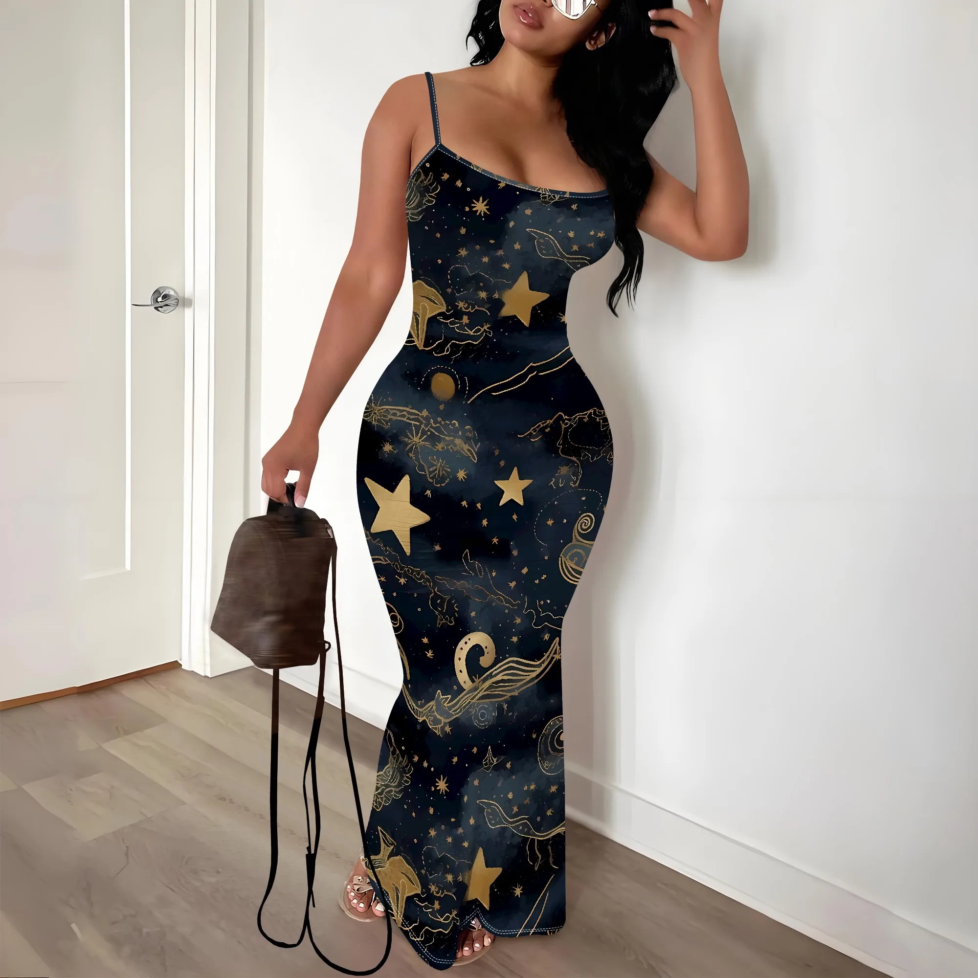 

EQQZD Sexy Sleeveless Crewneck Suspender Fishtail Dress, Dazzling Starry Sky Print Maxi Dress, Stylish Casual Dress for Women