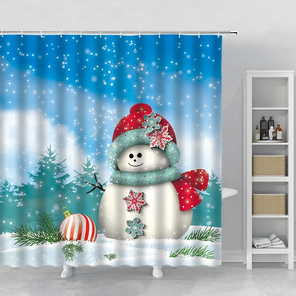 Child Christmas Shower Curtains Cute Snowman Green Xmas Tree Pine Snowflake Blue Bathroom Bath Curtain New Year Decor Wall Cloth