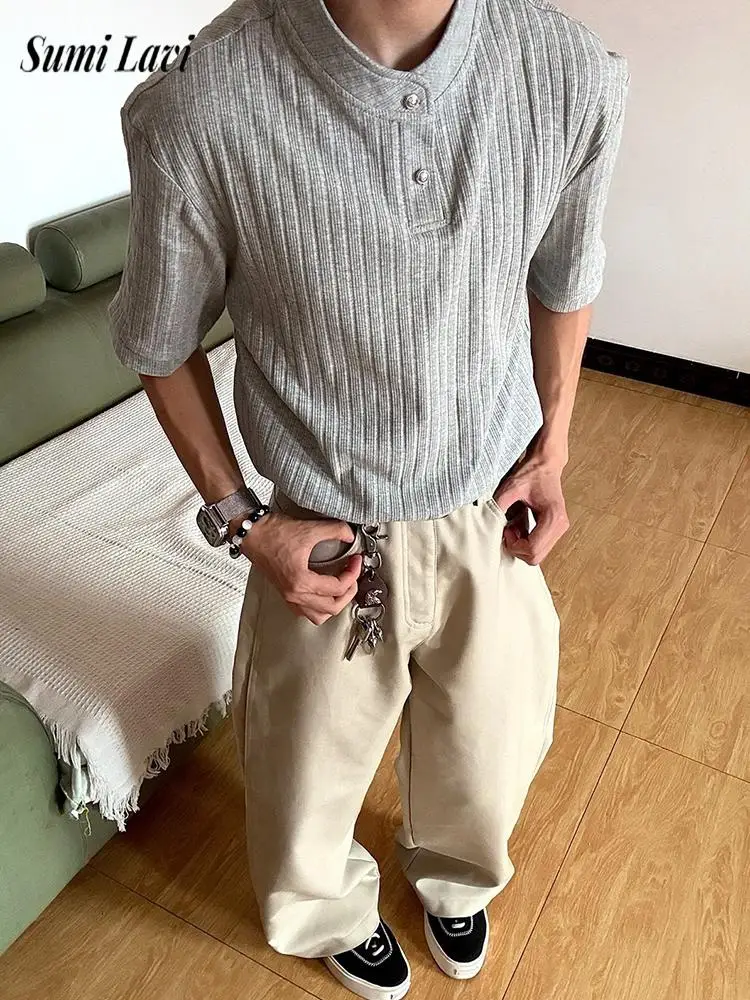 

Vintage Stand Collar Mens Knit Polo Shirt 2025 Summer Daily Casual Solid Color Knitted T Shirt For Men Fashion Short Sleeve Tees