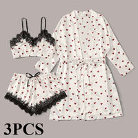 Women 2PCS/3Pcs Satin Ice Silk Pajama Set Heart Print Lace Sleeping Skirt Seamless Sexy Lingerie Homewear Pajama Short Sleepwear