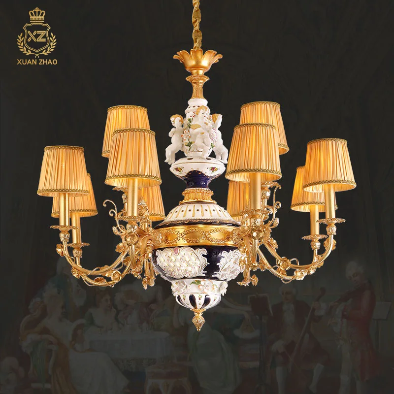 XUANZHAO Baroque style full copper luxury porcelain chandelier European court home living room dining room bedroom chandelier