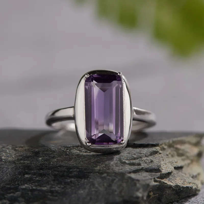 Stylish and simple temperament S925 sterling silver inlaid with natural amethyst ring, female sugar cube open ring, live