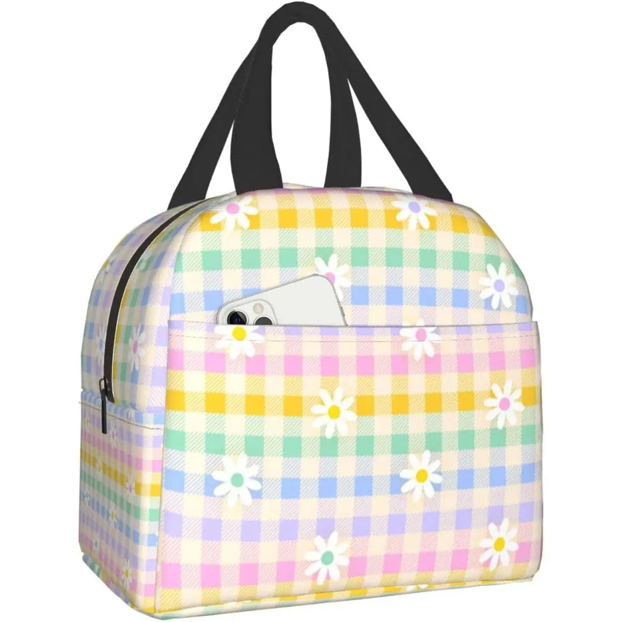 Cute White Daisy Flower On Rainbow Plaid Lunch Box Bento Box Insulated Lunch Boxes Reusable Waterproof Lunch Bag With Front