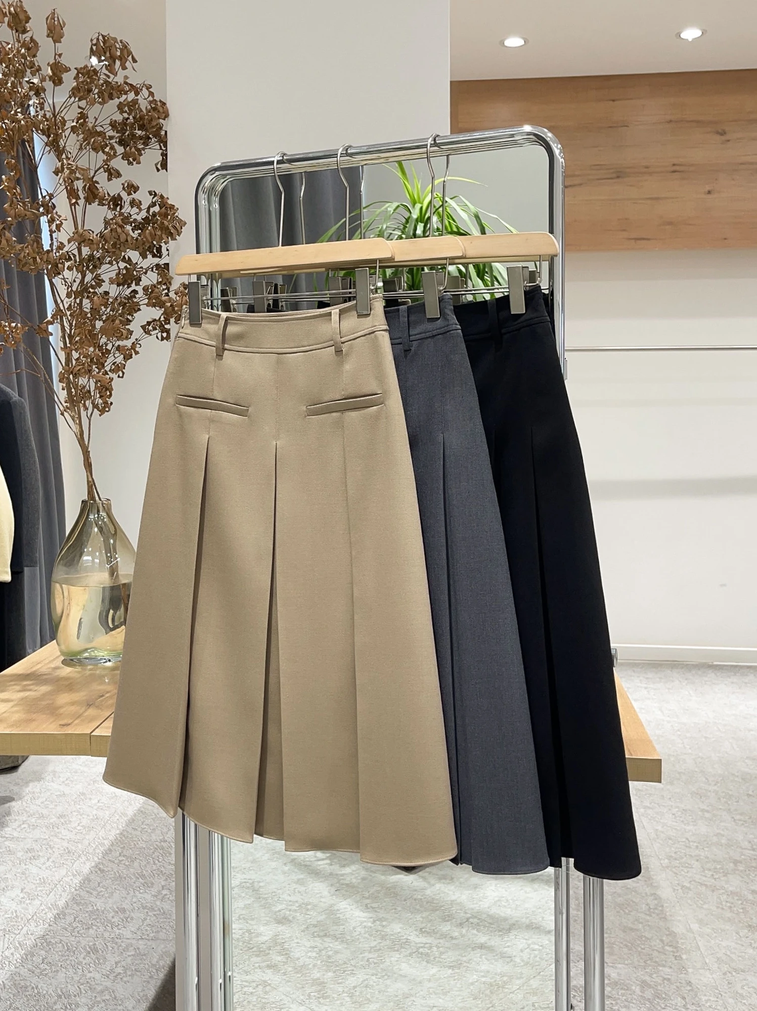 Nolara Autumn 2024 Plaid High Waist A-Line Skirt Commuter Korean Sle Pure Color Wool Polyester Blend Side Split Zipper