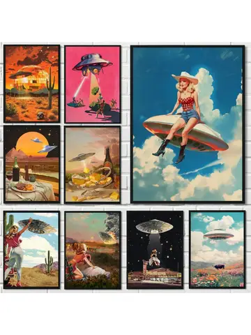 Retro dos desenhos animados abstrato engraçado ufo alienígena com mulher cartaz pintura de arte em tela impressões casa quarto parede imagem decoração presente