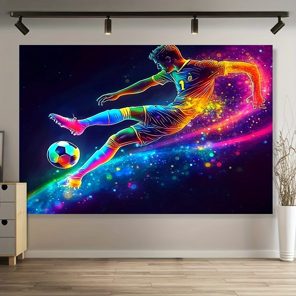 Vibrant Neon Football Tapestry, Abstract Colorful Soccer Player Shooting Pose with Cosmic Glow Print Wall Hanging for Teen