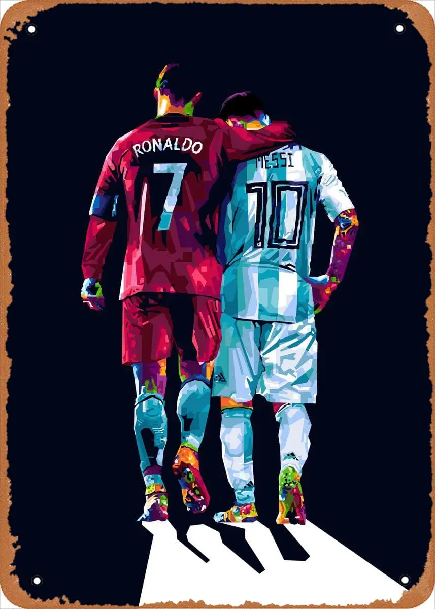 Ysirseu Ronaldo and Messi Metal Tin Sign 8 x 12 in Sport Vintage Poster Man Cave Decorative